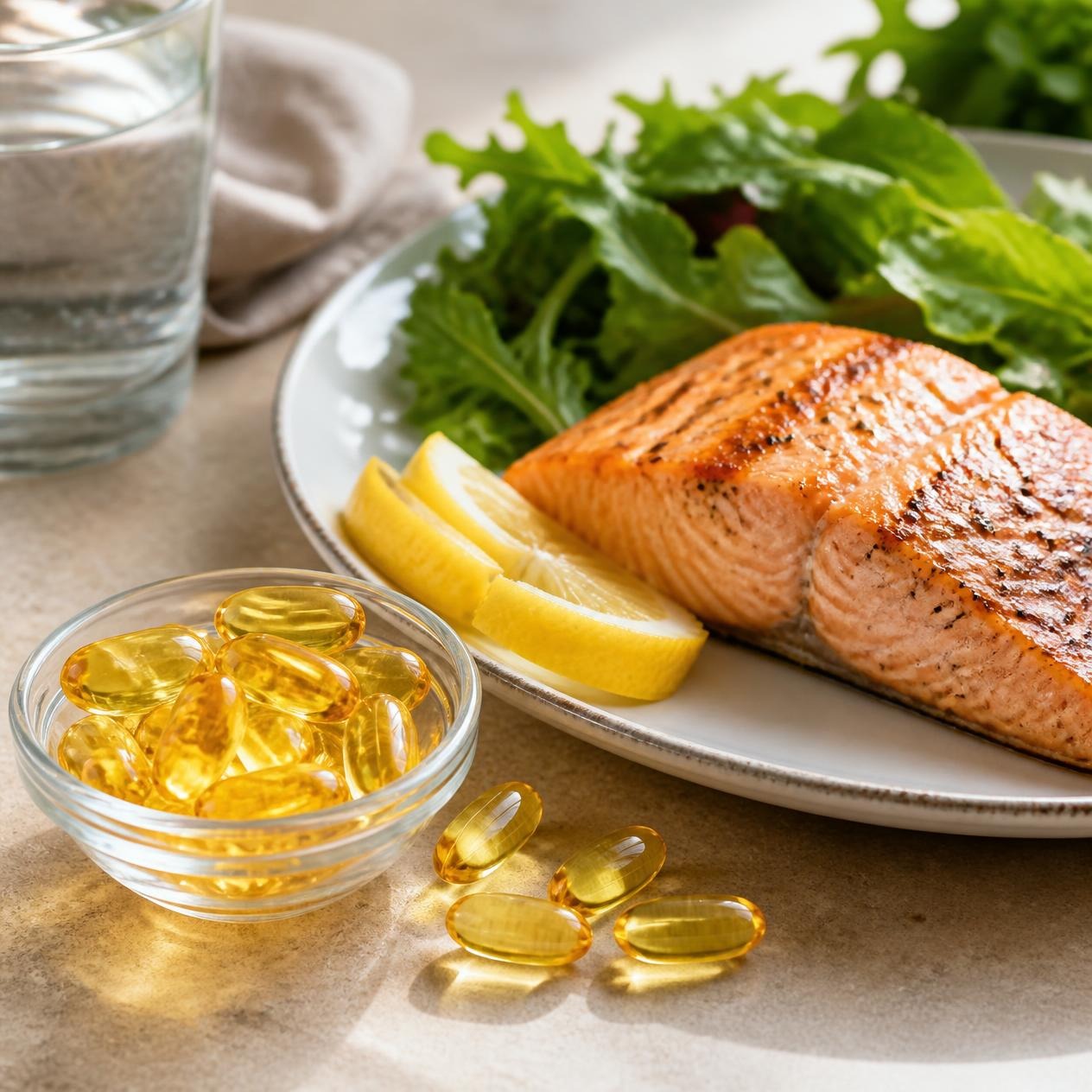 Fish oil capsules next to a plate of grilled salmon, lemon, and leafy greens