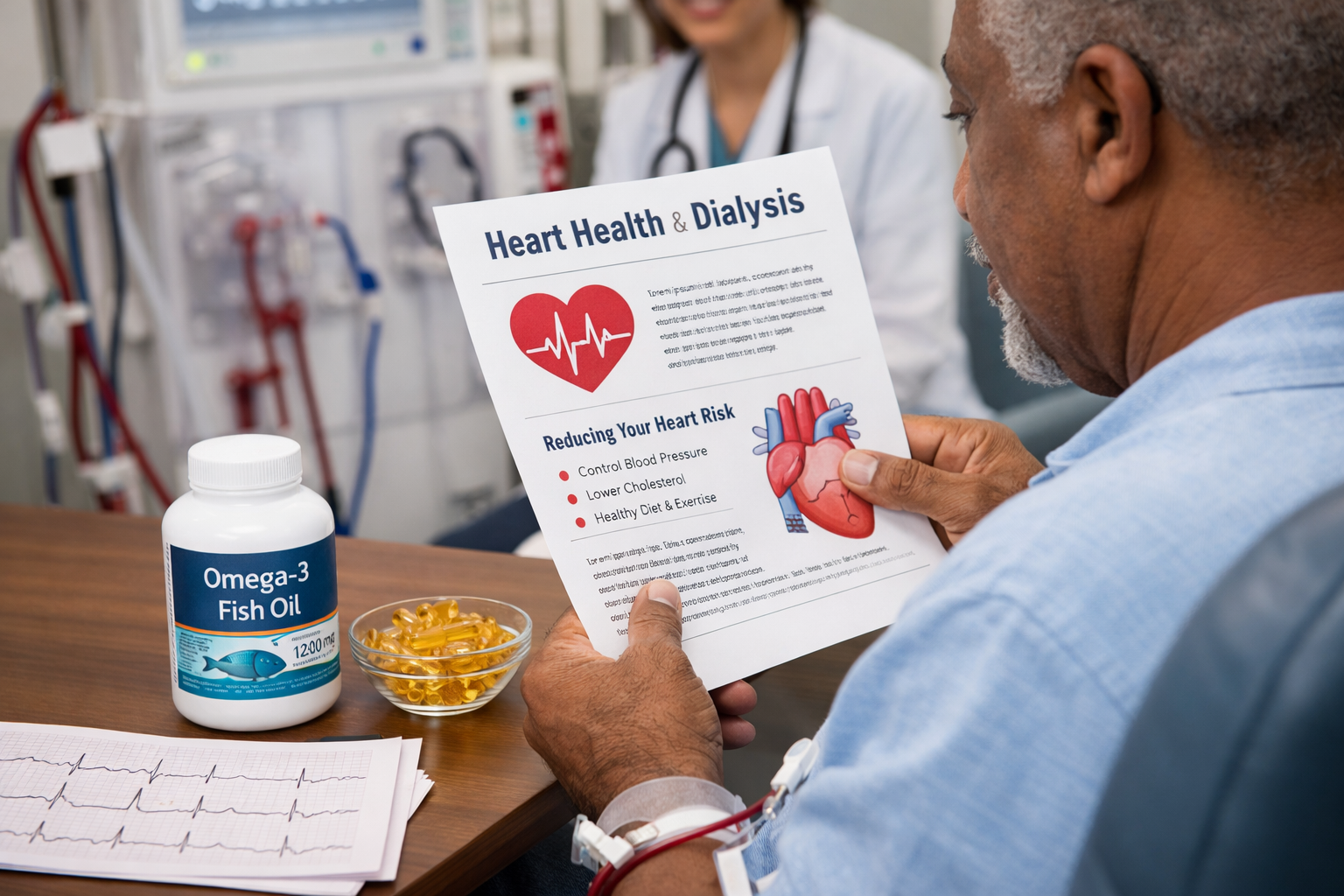 Dialysis patient reviewing heart health information with omega-3 fish oil supplements on a table.