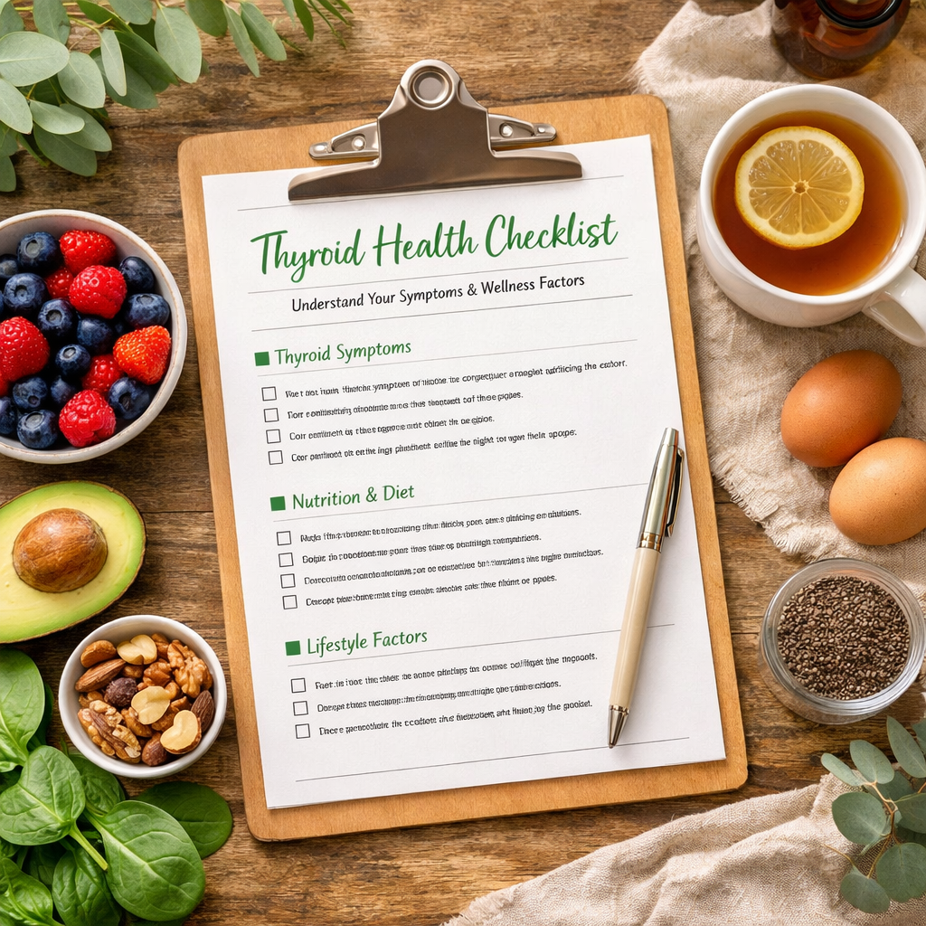 A calm, welcoming flat-lay of a clipboard or notebook labeled “Thyroid Health Checklist,” surrounded by nourishing foods (berries, leafy greens, eggs), a warm cup of tea, and soft natural light—designed to feel empowering, not clinical.