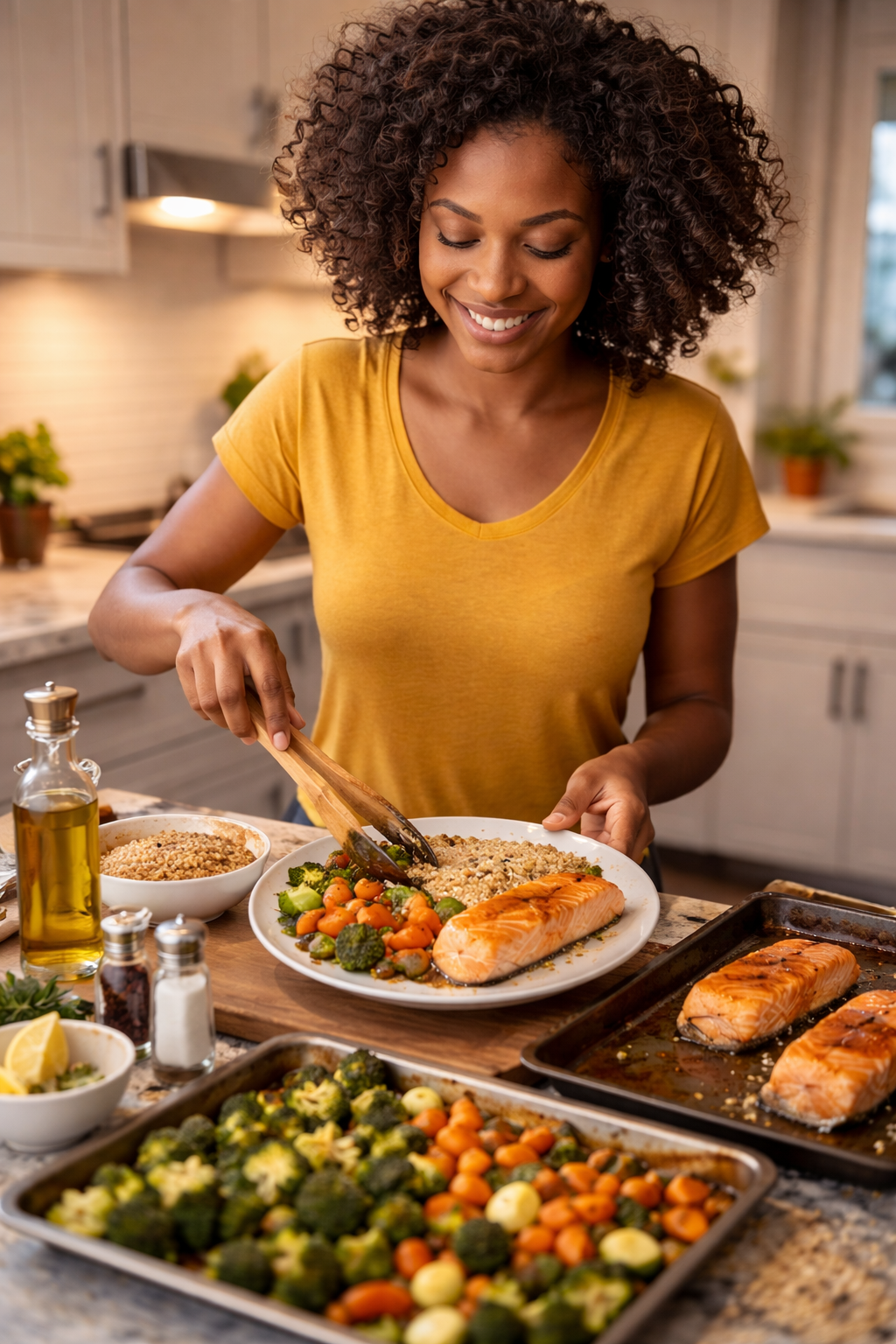 Balanced dinner plate with salmon, quinoa, and roasted vegetables designed to support blood sugar stability and mood regulation.