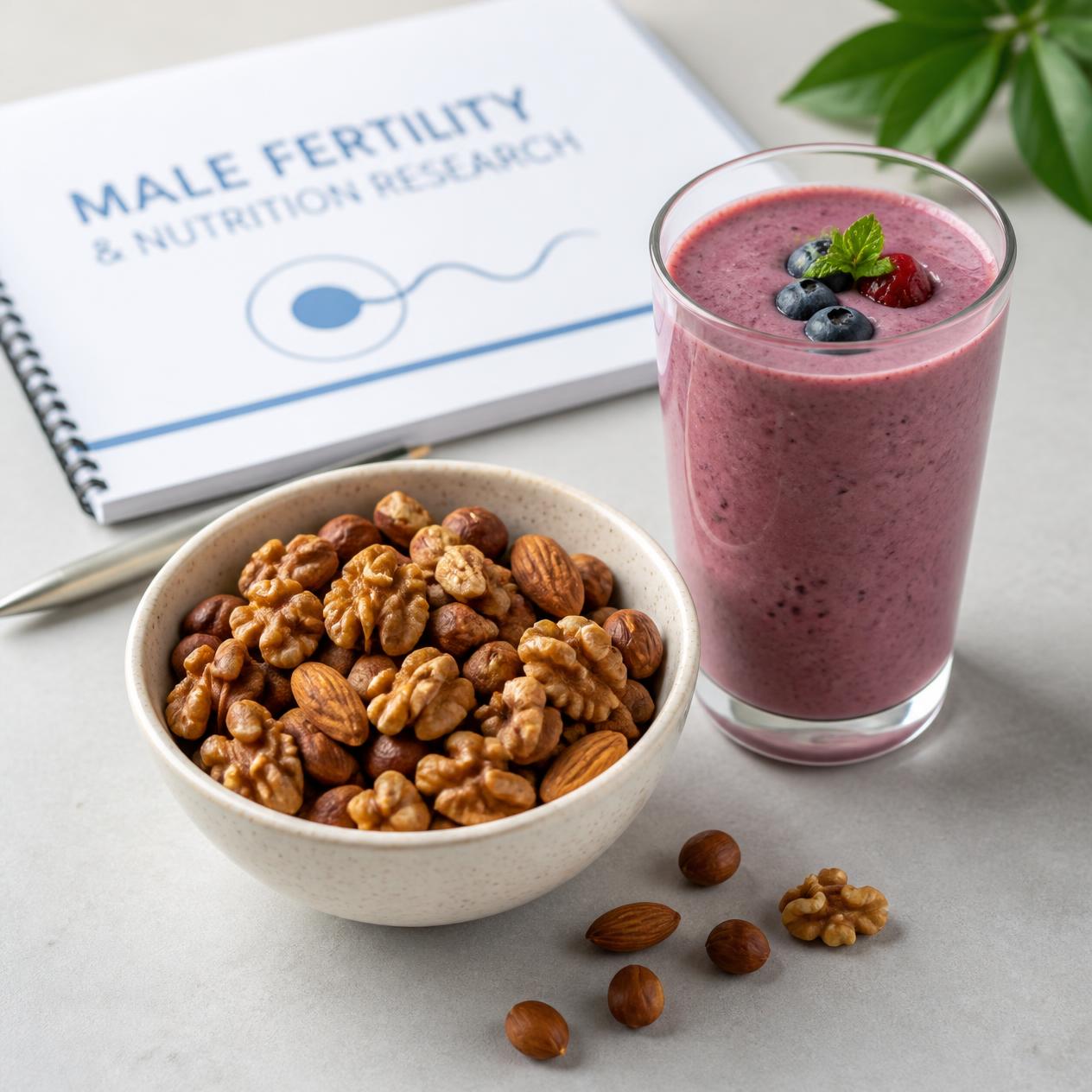 Bowl of mixed walnuts, almonds, and hazelnuts next to a smoothie, representing male fertility nutrition research
