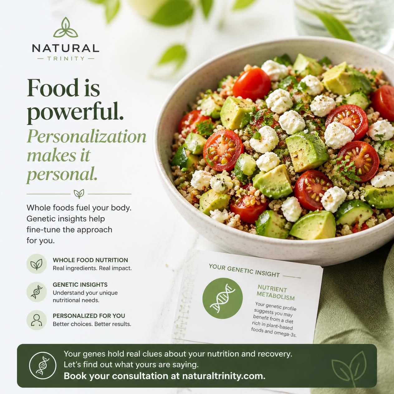 Quinoa salad with tomatoes, cucumber, avocado, and feta, an example of whole food nutrition alongside genetic testing insigh