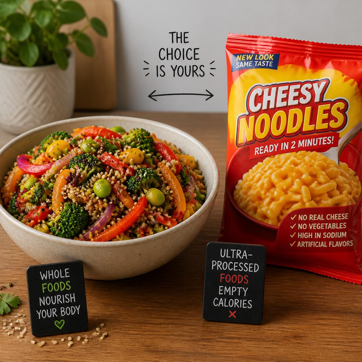 Bowl of colorful quinoa and vegetable stir fry beside a package of processed snack food, representing the choice between whole and ultra-processed meals