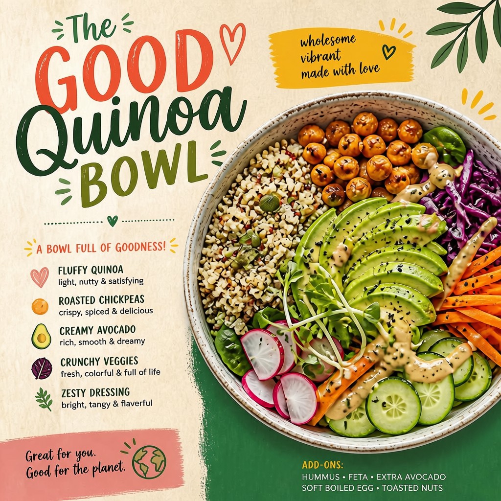 A colorful quinoa bowl with avocado, chickpeas, and fresh vegetables