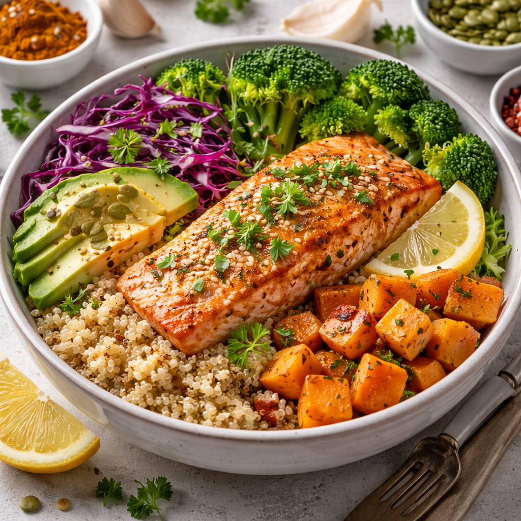 Brain-healthy salmon bowl with vegetables and whole grains
