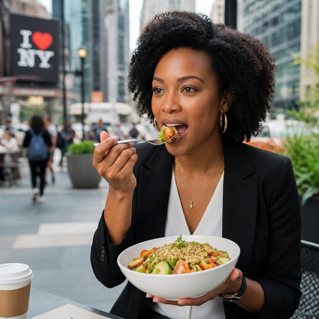 Heart healthy quinoa salad with avocado, cherry tomatoes, and citrus dressing in a white bowl